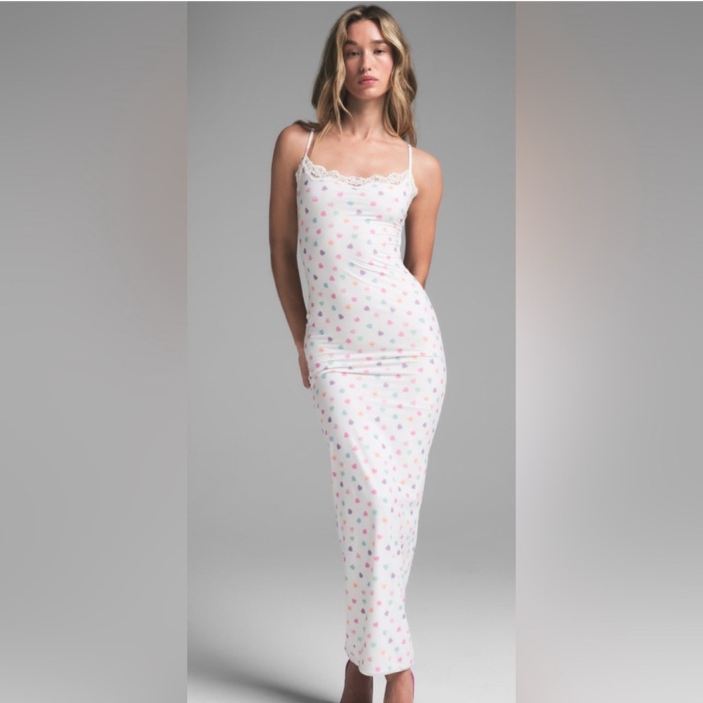 NWT SKIMS Fits Everybody Candy Heart Lace Slip Maxi Dress Large